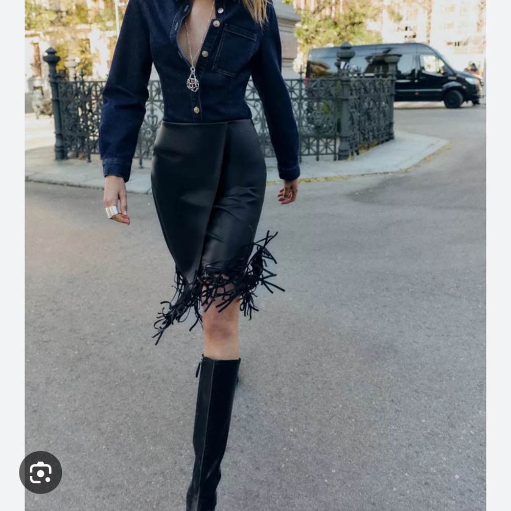 Zara Faux Leather Black Skirt with Fringe